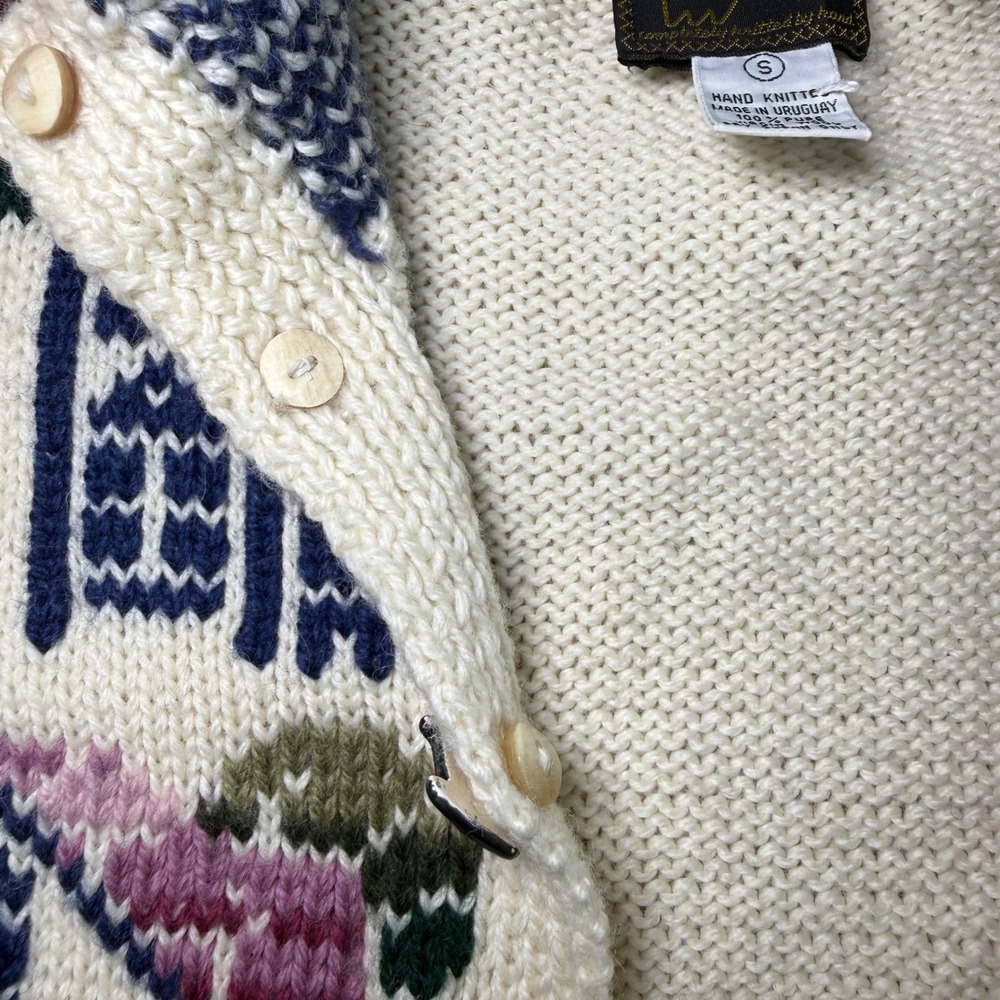 South Wool Cottage AOP Wool Knit Cardigan House Floral Small Cream Blue Pink 80s - Picture 5 of 7